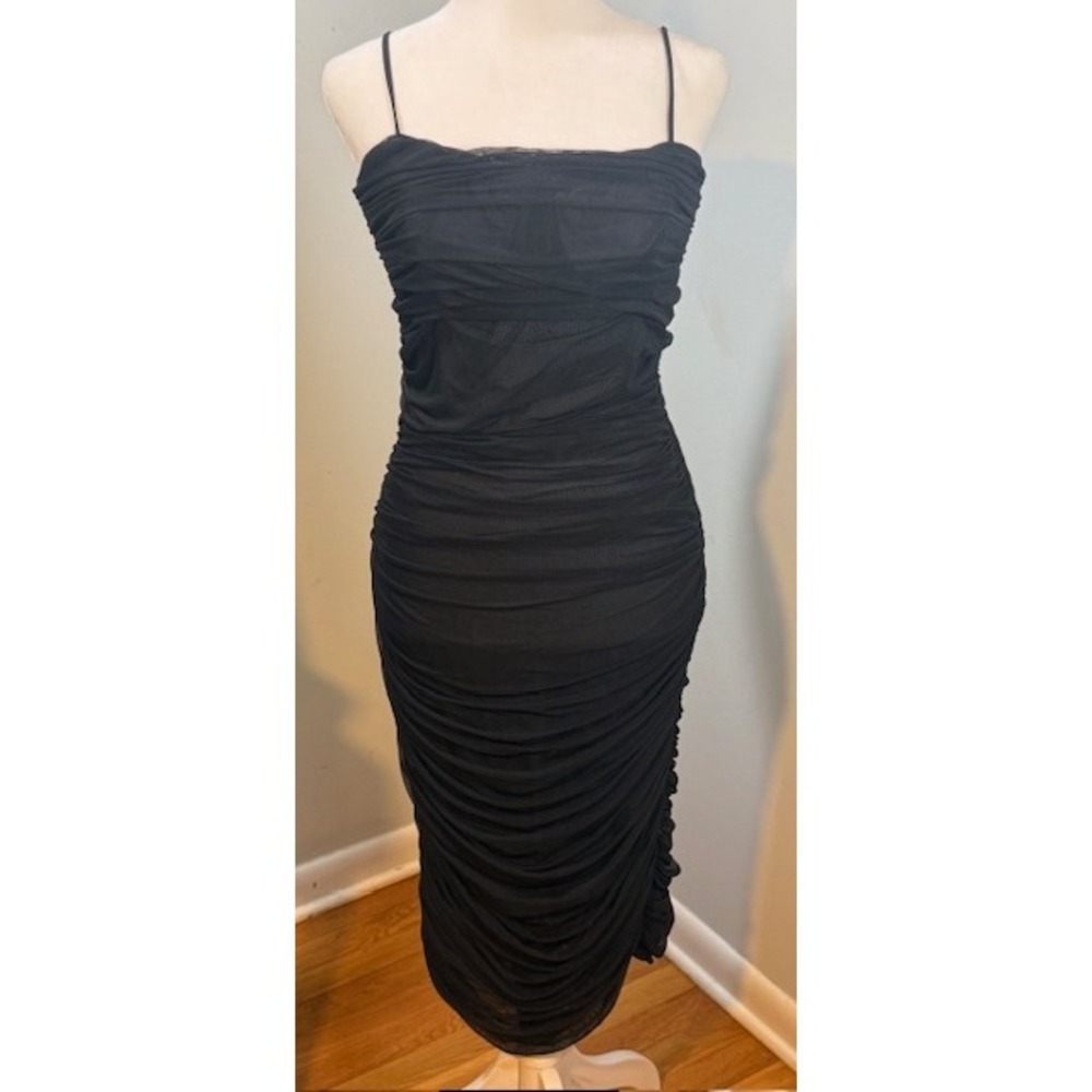 Aritzia Babaton Luxor Ruched Mesh Midi‎ Dress Sz 10 Bustier Bodycon Black Mesh